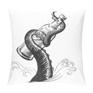 Personality  Octopus With A Bottle. Ink Black And White Drawing Pillow Covers