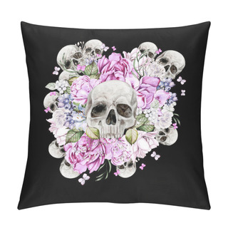 Personality  Beautiful Watercolor Skull With Flowers Of Peony And Roses. Illustration Pillow Covers