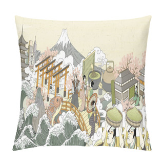 Personality  Retro Japan Street Scenery In Ukiyo-e Style, People Carrying Green Powder And Enjoying Their Beverage Pillow Covers
