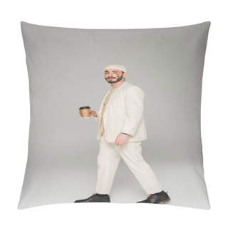 Personality  Stylish Young Gay Man With Lgbt Flag On Cheek Holding Coffee To Go On Grey Background  Pillow Covers