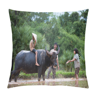 Personality  The Children Are Funny With Their Father And Buffalo. Pillow Covers