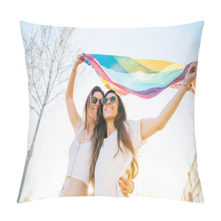 Personality  Couple Lesbian Woman With Gay Pride Flag On The Street Pillow Covers