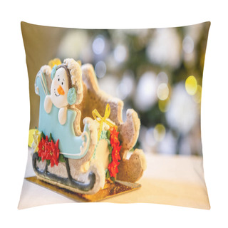 Personality  Gingerbread Sleigh With Snowman In Front Of Defocused Lights Of Christmas Decorated Fir Tree. Holiday Sweets. New Year And Christmas Theme. Festive Mood. Christmas Card. Pillow Covers