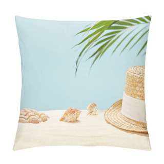 Personality  Selective Focus Of Straw Hat Near Seashells And Green Palm Leaf In Summertime Isolated On Blue Pillow Covers