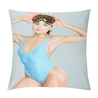 Personality  Sexy Sportswoman In Blue Swimsuit Wearing Ski Goggles And Looking At Camera Isolated On Grey Pillow Covers