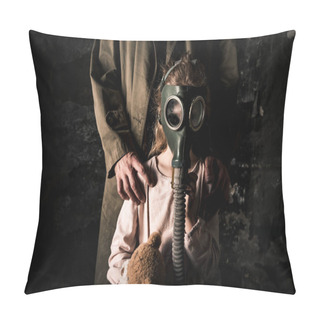 Personality  Cropped View Of Man Standing Near Kid In Gas Mask, Post Apocalyptic Concept Pillow Covers