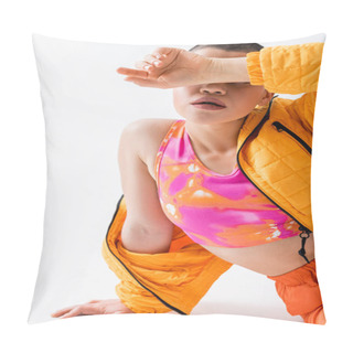 Personality  Style, Tattooed Young Woman With Short Hair Sitting On Grey Background, Generation Z, Fashion Forward, Colorful Clothes, Female Model Covering Face With Hand, Self Expression  Pillow Covers