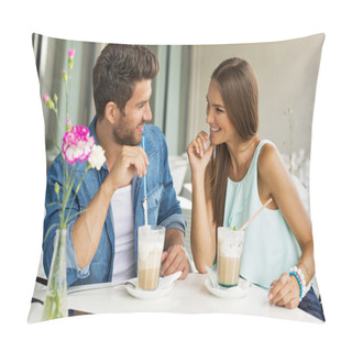 Personality  Smiling Couple In Cafe Enjoying The Time Spending With Each Othe Pillow Covers