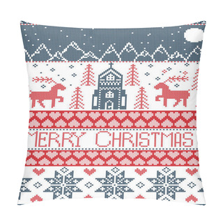 Personality  Nordic Style Merry Christmas Pattern In Red And White Including  Winter Wonderland Village, Church, Xmas Trees, Mountains, Stars , Snowflakes, Reindeer In Blue, Red Pillow Covers