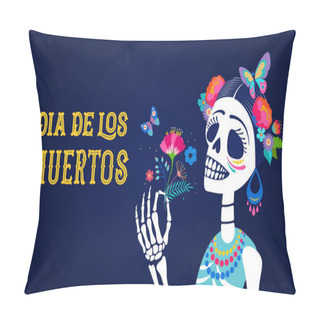 Personality  Dia De Los Muertos, Day Of The Dead, Mexican Holiday, Festival. Woman Skull With Make Up Of Catarina With Flowers Crown. Poster, Banner And Card With Sugar Skull Pillow Covers