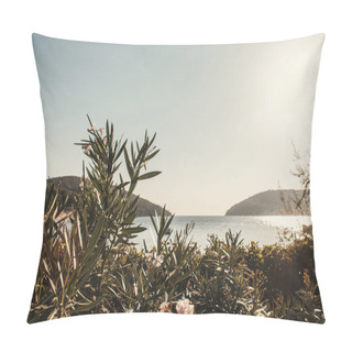 Personality  Blossoming Oleander, And Seascape With Green Hills Pillow Covers