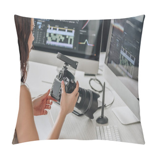 Personality  Art Editor Holding Digital Camera Near Table With Computer Monitors  Pillow Covers