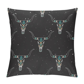 Personality  Vector Grunge Seamless Pattern With Bull Skull And Ethnic Ornament Pillow Covers