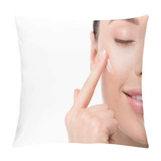 Personality  Cropped View Of Woman Applying Moisturizing Face Cream Isolated On White Pillow Covers