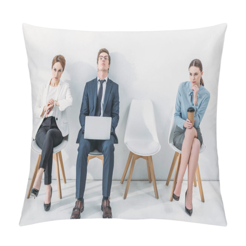 Personality  Attractive Employee Touching Watch While Sitting Near Man And Woman  Pillow Covers