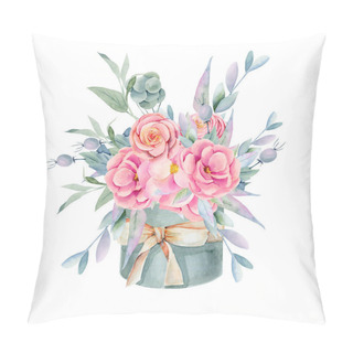 Personality  Watercolor Isolated Gift Box With Pink Beautiful Roses,peonies, Green Leaves, Decorative Berries And Branches, Hand Painted On White Background Pillow Covers