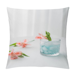 Personality  Glass With Cold Tonic And Pink Alstroemeria Flower On White Tabletop And Grey Background Pillow Covers