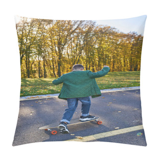 Personality  Back View Of Boy In Outerwear And Jeans Riding Penny Board In Park, Autumn, Golden Leaves, Cute Kid Pillow Covers