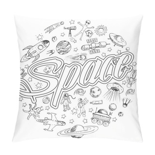 Personality  Vector Doodle Space Objects. Astronaut, Alien, Galaxy, Space Ship, Spaceman. Coloring Page. Pillow Covers