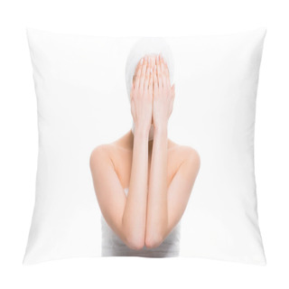 Personality  Woman With Bandaged Head Covering Face With Hands Isolated On White    Pillow Covers