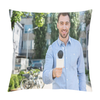 Personality  Smiling Male News Reporter Taking Interview With Microphone    Pillow Covers