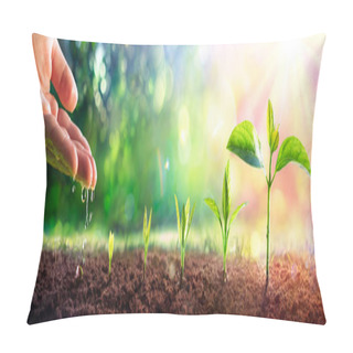 Personality  Growing Concept - Hand Watering Young Plants With Flare Effect Pillow Covers