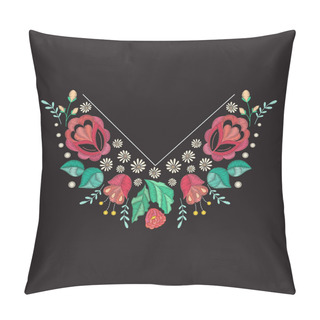 Personality  Vector Embroidery Neckline Design. Colored Floral Pattern For Neck Print With Decorative Embroidered Flowers And  Leaves Pillow Covers