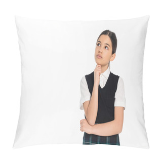 Personality  Pensive Schoolgirl In Black Vest Looking Away Isolated On White, Thinking, School Uniform, Schoolkid Pillow Covers
