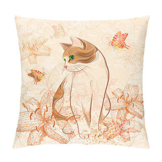 Personality  Vintage Birthday Card With Cat And Lilies. Pillow Covers