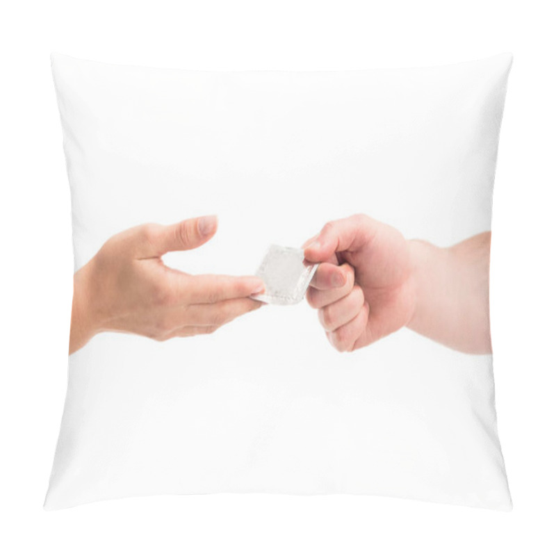 Personality  cropped image of girlfriend giving condom to boyfriend isolated on white, world aids day concept pillow covers