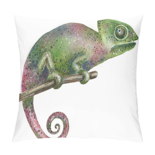 Personality  Watercolor Bright Hand-drawn Chameleon On The White Isolated Background.  Pillow Covers