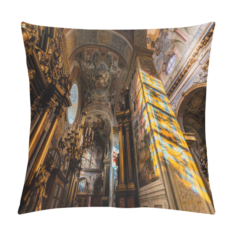 Personality  LVIV, UKRAINE - OCTOBER 23, 2019: Low Angle View Of Interior With Paintings And Gilded Decoration In Carmelite Church Pillow Covers