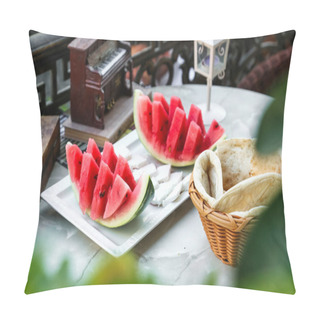 Personality  A Table Displaying Fresh Slices Of Watermelon Next To A Basket. Pillow Covers