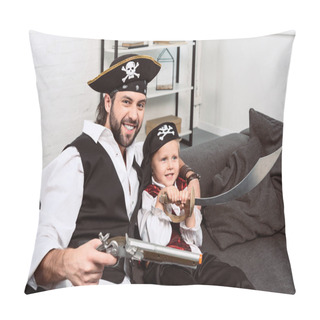 Personality  Portrait Of Emotional Father And Son In Pirates Halloween Costumes Sitting On Sofa At Home Pillow Covers