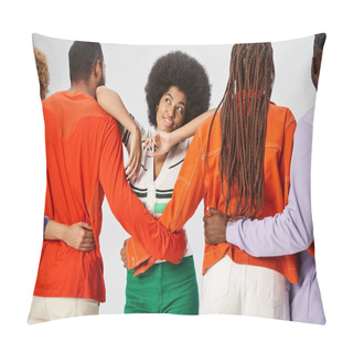 Personality  Happy African American Woman Leaning On Friends Hugging On Grey Background, Juneteenth Concept Pillow Covers