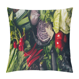 Personality  Top View Of Red Cabbage, Chili Peppers, Radishes And Different Vegetables On Table Pillow Covers
