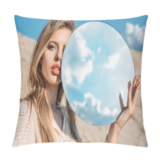 Personality  Attractive Elegant Model Holding Round Mirror With Reflection Of Cloudy Sky Pillow Covers