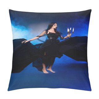 Personality  Young Pale Woman In Black Dress Holding Candlestick With Burning Candles On Blue With Smoke Pillow Covers