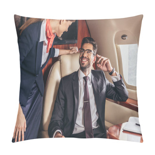 Personality  Smiling Businessman In Suit Looking At Flight Attendant In Private Plane  Pillow Covers