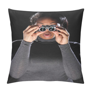 Personality  Young Woman Surprised While Using Binoculars Pillow Covers