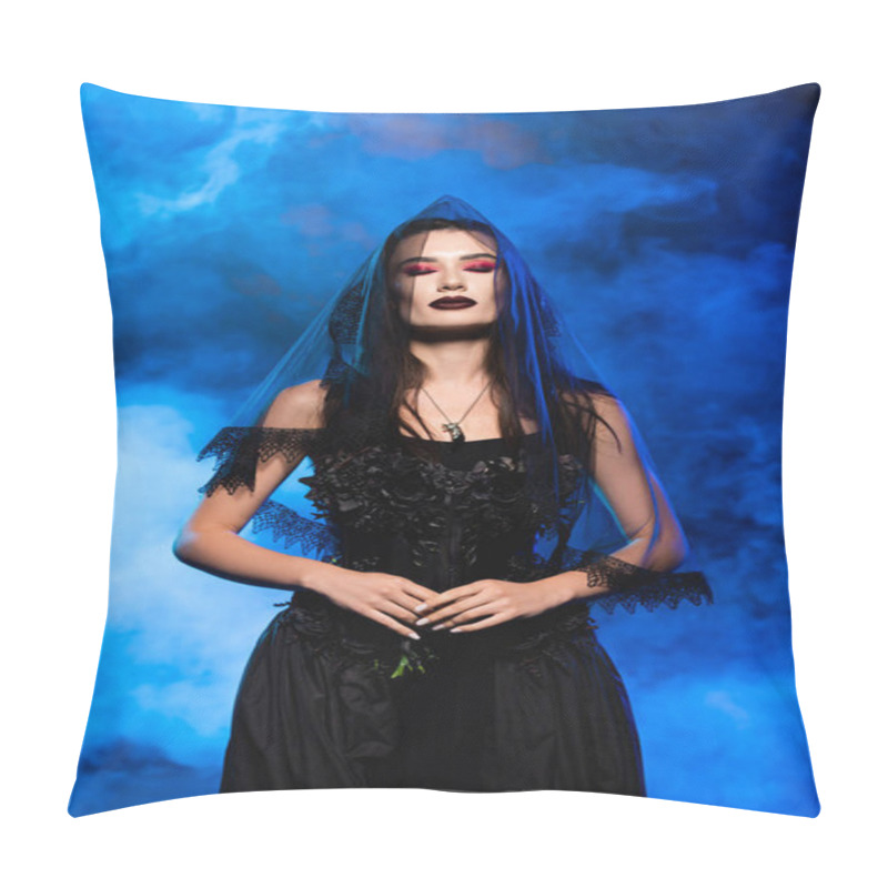 Personality  woman with closed eyes in black dress and veil on blue with smoke, halloween concept pillow covers