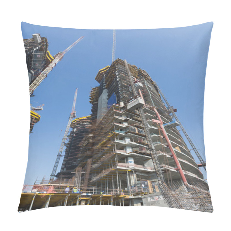 Personality  United Arab Emirates, Dubai, 05/21/2015, Damac Towers Dubai By Paramount, Construction And Building Ariel Views With Cityscape Background Pillow Covers