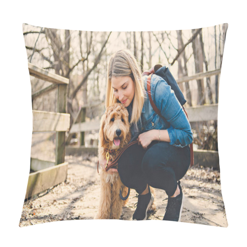 Personality  Happy Labradoodle Dog and woman outside at the park pillow covers