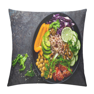 Personality  Buddha Bowl Dish With Brown Rice, Avocado, Pepper, Tomato, Cucumber, Red Cabbage, Chickpea, Fresh Lettuce Salad And Walnuts. Healthy Vegetarian Eating, Super Food. Top View Pillow Covers