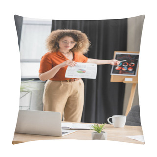 Personality  Curly Businesswoman In Glasses Pointing With Pen At Infographics On Office Board During Video Call  Pillow Covers