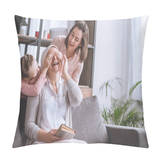 Personality  Mother And Daughter Visiting Smiling Sick Grandmother In Kerchief Reading Book At Home Pillow Covers