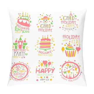 Personality  Kids Birthday Party Entertainment Promo Signs Set Of Colorful Vector Design Templates With Festive Symbols Pillow Covers