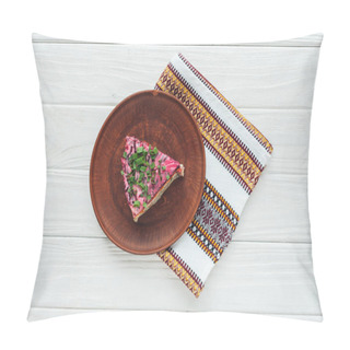 Personality  Top View Of Tasty Traditional Russian Salad On Plate With Embroidered Towel On White Wooden Background Pillow Covers