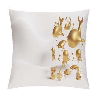 Personality  World Oceans Day Landing Page Template With Gold Sea Creatures 3D Rendering Pillow Covers