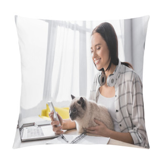 Personality  Cheerful Freelancer Chatting On Smartphone While Sitting Near Laptop With Cat Pillow Covers